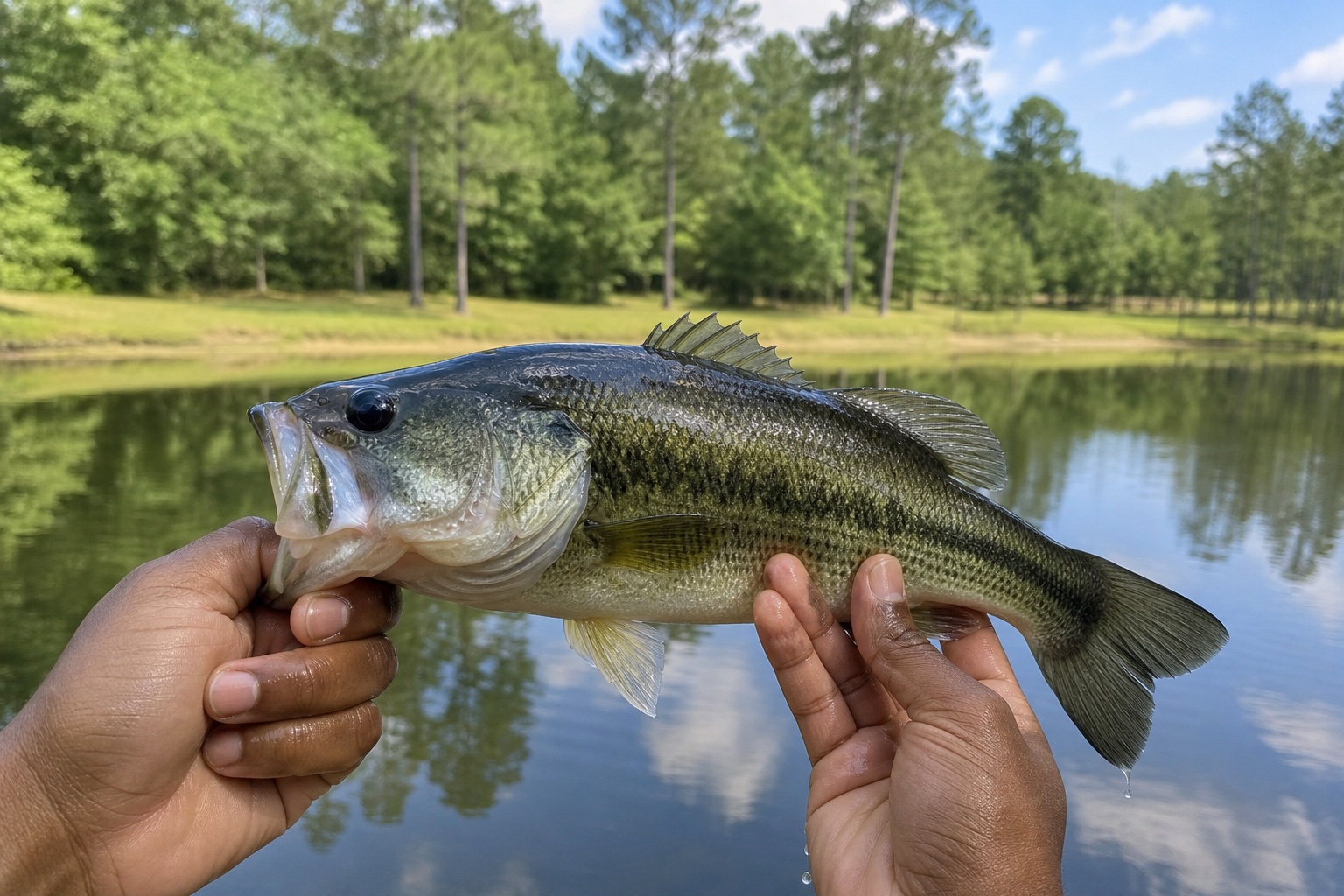 Largemouth bass held gently above pond water for catch and release