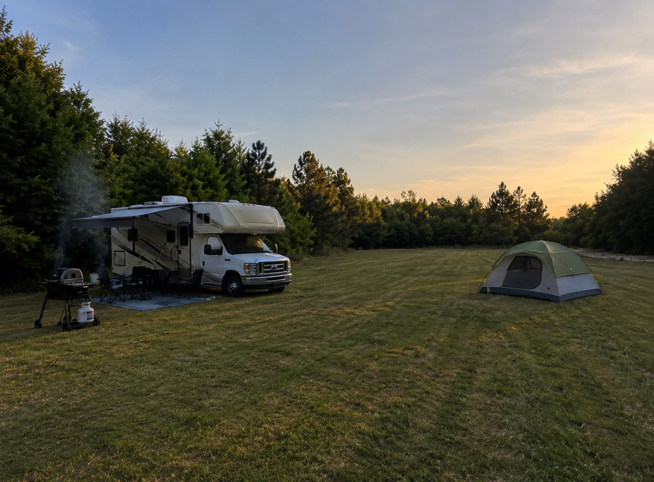 RV and tent camping in an open field at HMH Wellness & Farm