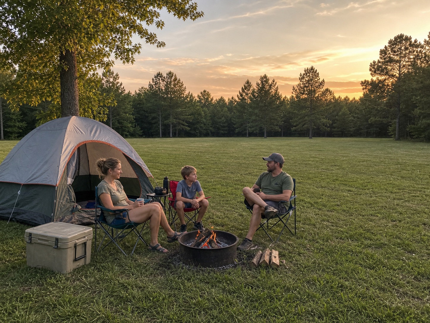 Guest family relaxing at a tent campsite in an open farm field