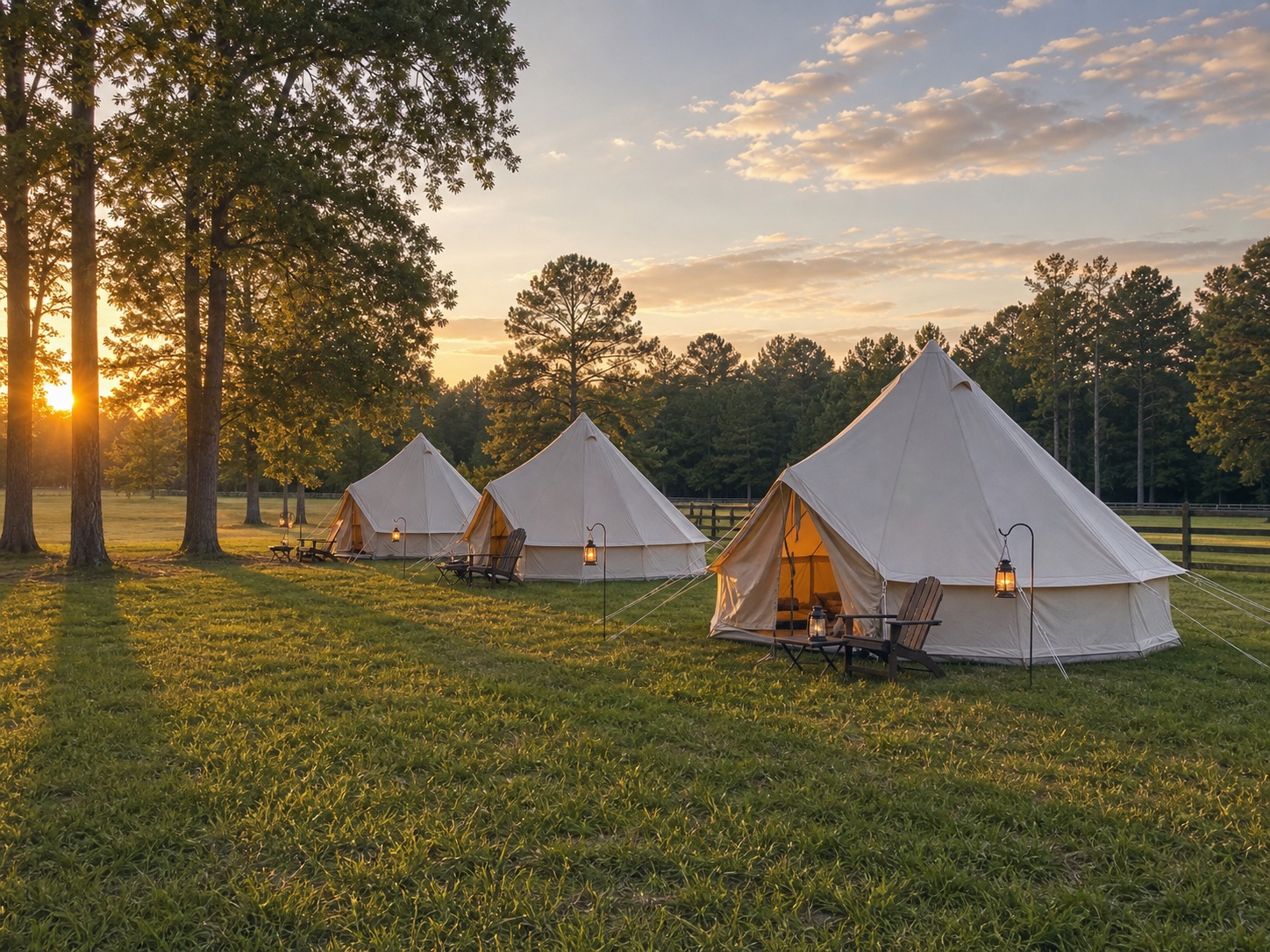 Canvas glamping tents set up in an open farm field at golden hour