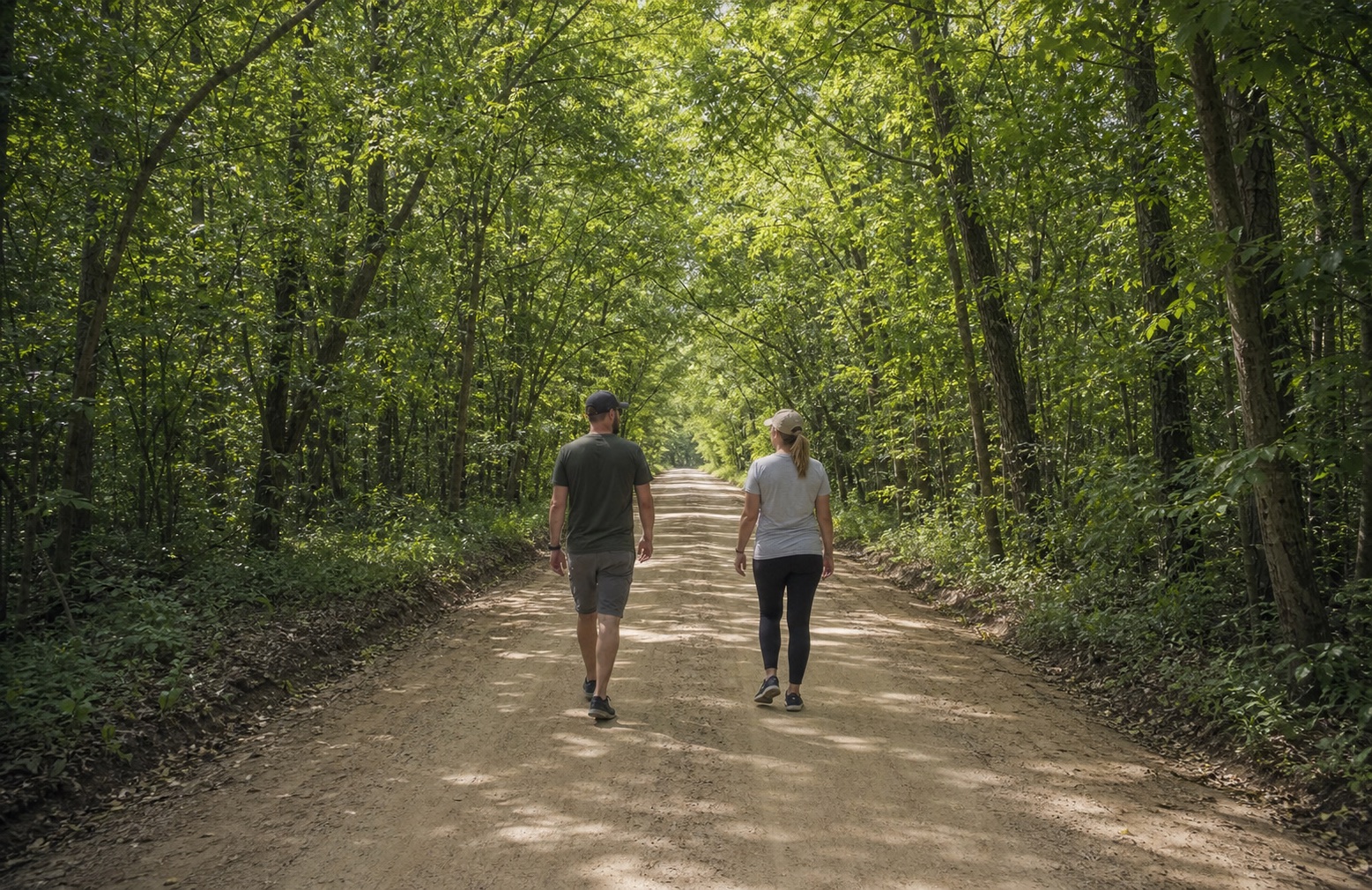 Guests walking along a quiet wooded farm road