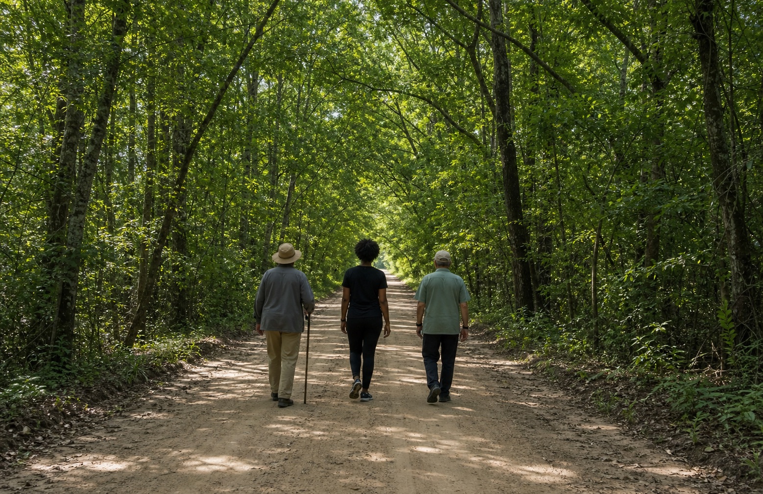 People walking along a quiet dirt road beneath a green tree canopy